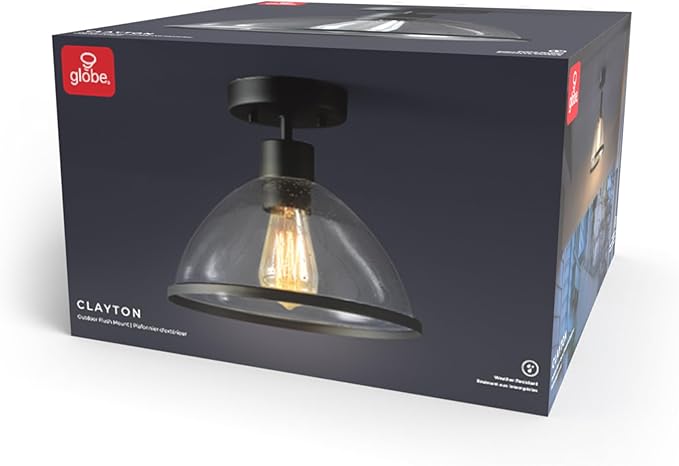 Globe Electric 60000121 1-Light Outdoor Flush Mount Ceiling Light, Matte Black, Seeded Glass Shade, Weather Resistant, Indoor