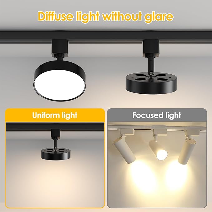Diffuse LED Track Lighting Heads H Type Track Light Heads Dimmable Kitchen Track Lighting Fixtures Ceiling, Compatible with H Track Rails - Flicker Free CRI90+ 4000K 12W 1000lm, 4 Pack Black