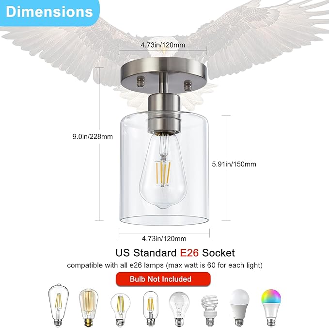 YYT Brushed Nickel 1-Light Semi Flush Mount Ceiling Light Fixtures Small Kitchen Ceiling Lights with Clear Glass Shade for Hallway Entryway Closet Bedroom Bathroom (Pack of 3)