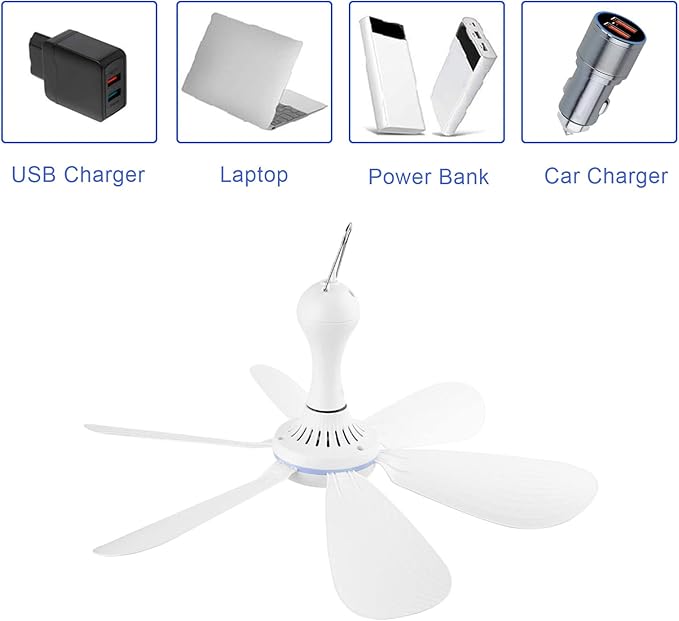 Silent USB Powered Ceiling Canopy Fan with 1m Extension Cord, Small Portable 6 blade Quiet Small DC USB Ceiling Fan Hanging Fan for Camping Bed Dormitory RV Tent Home Room