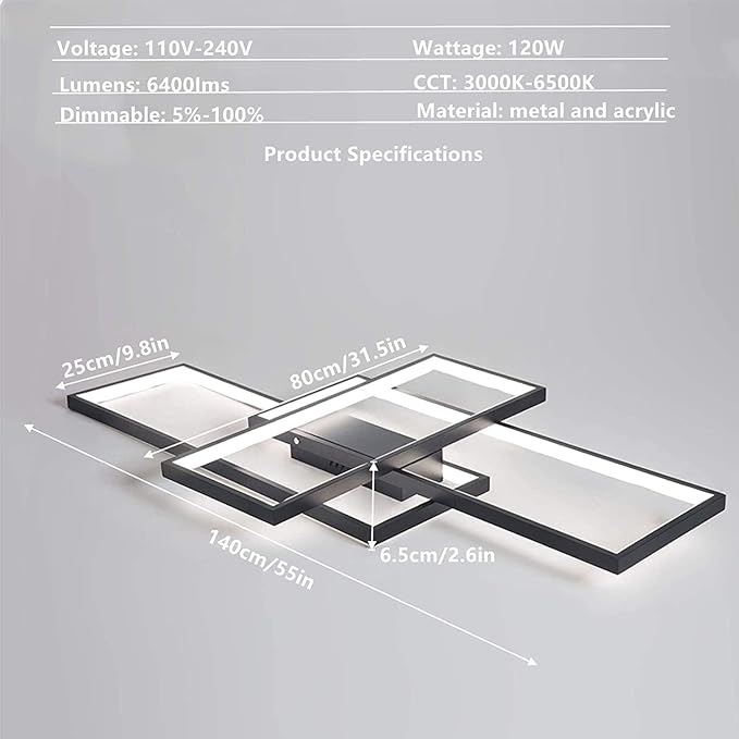 Modern LED Ceiling Light 55" Dimmable Black Ceiling Light Fixture with Remote Control Square 82W 3000K-6500K Ceiling Lamp for Kitchen, Living Room, Bedroom