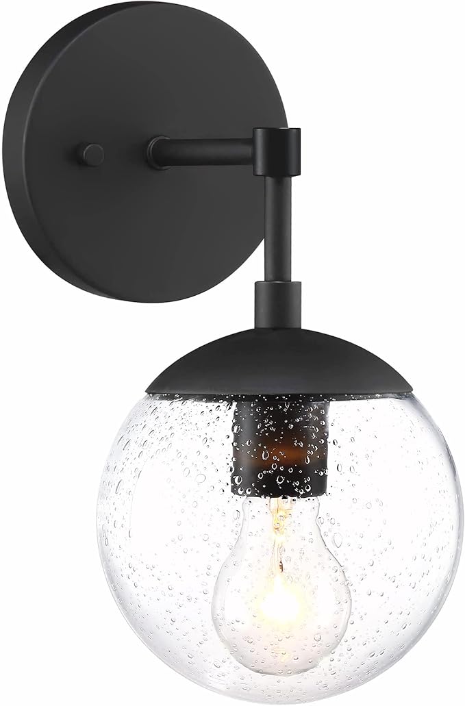 Design House Gracelyn 1-Light Dimmable Wall Sconce, Clear Seedy Glass Globe, Matte Black, 588871-BLK