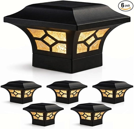 Classy Caps Kingston Solar Post Cap (Set of 6) - Fits 2"x2", 2.5"x2.5" and 3"x3" Fence & Deck Posts - Black Cast Aluminum - Warm/Cool Light Color Modes - Heavy-Duty, Real Glass - Mod. SLZ332B