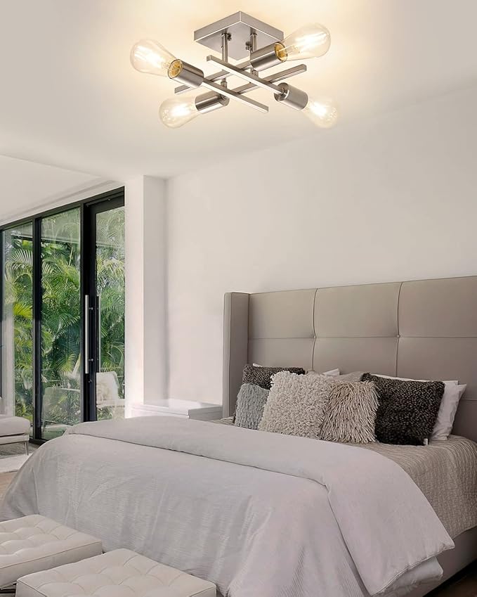 4-Light Semi Flush Mount Ceiling Light, Modern Brushed Nickel Close to Ceiling Light Fixtures, Easy Assembled, House Indoor Ceiling Lights for Bedroom Living Room Entryway