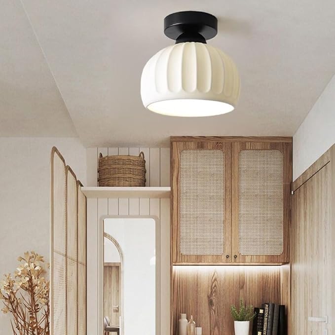 KISAD Modern Minimalist Semi-Flush Mount Ceiling Light Nordic Stripe Ceramics Small Ceiling Lamp Indoor Home Decor Fixture for Hallway Entryway Balcony Closet(Black)