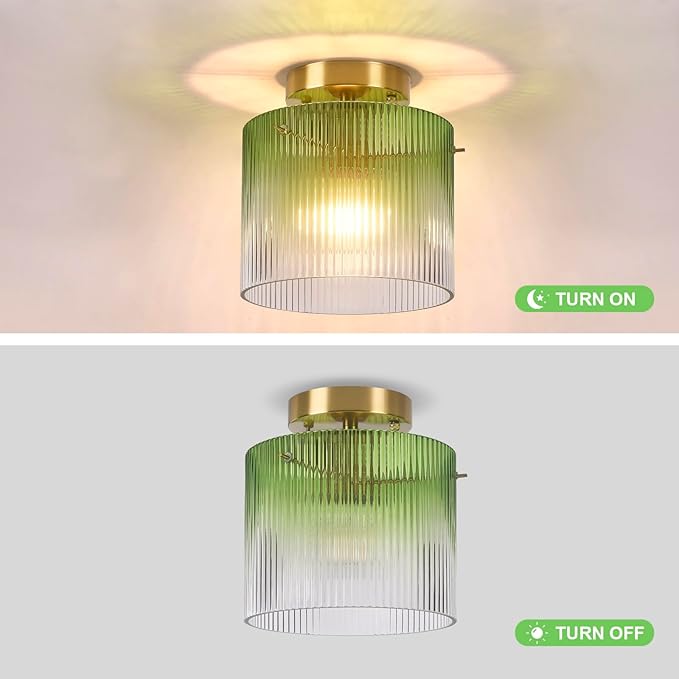 Modern Semi Flush Mount Ceiling Light, Vintage Gradient Green Glass Ceiling Light Fixture, for Closet Dining Room Kitchen Bedroom Entryway Hallway Hanging Lamp
