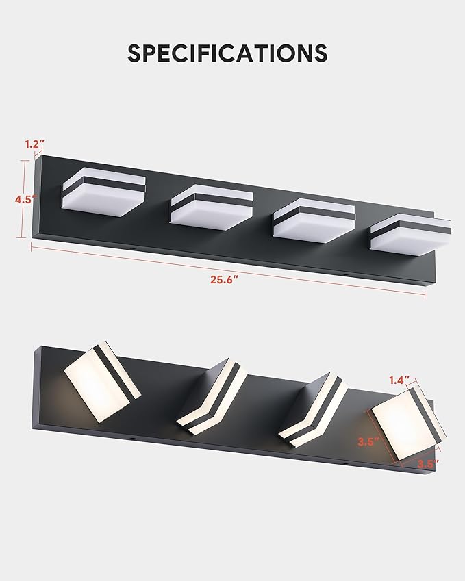 VONLUCE Bathroom Vanity Light Fixture, 4-Light Modern LED Vanity Light, 3CCT Adjustable Bathroom Lights with Memory Function Rotatable Shades, 26" Wall Lighting Fixture Over Mirror, Matte Black