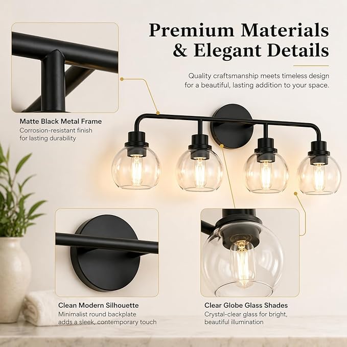 DORESshop Built to Last 20 Years Bathroom Light Fixtures, 4-Light Vanity Lights Over Mirror, Black Wall Lamp with Clear Glass for Living Room Decor Bedroom Porch Cabinet