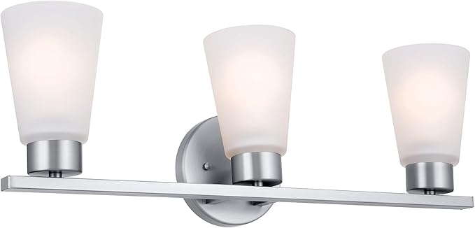 Kichler Stamos 3-Light Bathroom Vanity Light Fixture with Satin Etched Glass Shades, 22 in Modern Wall Mount Light in Brushed Nickel for over Mirror (22 in x 5 in x 8 in), 55121NI