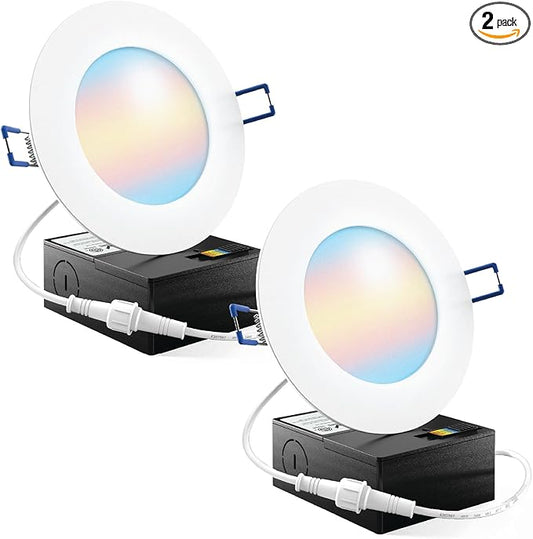 Sunco 4 Inch LED Recessed Lights, Canless Ceiling Light Slim, 650 LM, 10W, Selectable CCT 2700K/3000K/4000K/5000K/6000K, Dimmable, Wafer Thin, with Junction Box ETL 2 Pack