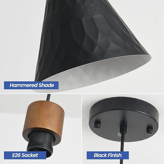 Modern Black Pendant Lights Kitchen Island, Mid Century Dome Pendant Light Set of 3, Small Industrial Hanging Pendant Lighting for Dining Room, Bedroom, Sink, Bar