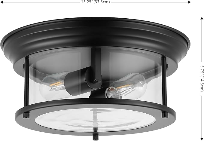 JONATHAN Y 13.25" Black 2-Light LED Flush Mount Ceiling Light Fixture, Modern Clear Glass Drum Shade, Industrial Farmhouse Lighting for Kitchen Hallway Bedroom (JYL7446D)