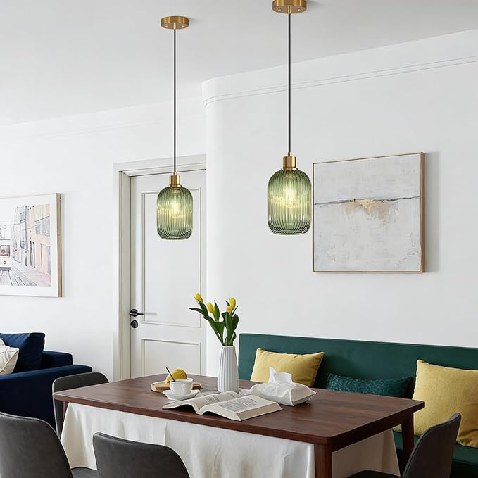 2 Pack Pendant Lights with Vintage Green Ribbed Glass Lampshade, Adjustable Brushed Gold Pendant Lights Fixtures for Kitchen Island Lighting Sink, Dining & Living Room Hallway (Bulbs Not Included)