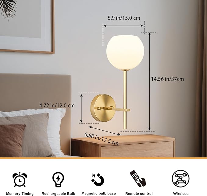 Gold Battery Operated Wall Sconces Set of 2, Wireless Rechargeable Wall Light Fixtures for Home Decor, 12 RGB and 3CCT Dimmable Wall Lamps with Remote for Bedroom Living Room Hallway
