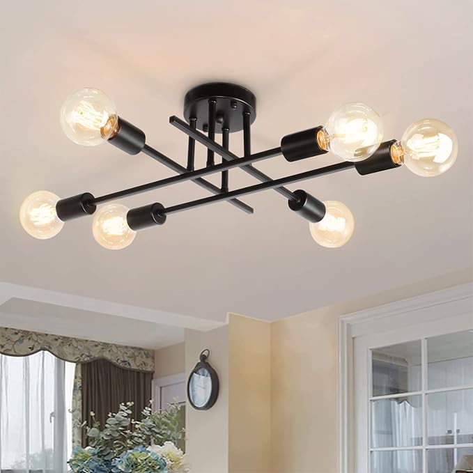 6-Lights Semi Flush Mount Modern Ceiling Light Fixture, Industrial Ceiling Light, Black Vintage Metal Sputnik Chandelier, Farmhouse Lighting for Kitchen Dining Room Living Room Bedroom