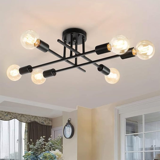 6-Lights Semi Flush Mount Modern Ceiling Light Fixture, Industrial Ceiling Light, Black Vintage Metal Sputnik Chandelier, Farmhouse Lighting for Kitchen Dining Room Living Room Bedroom