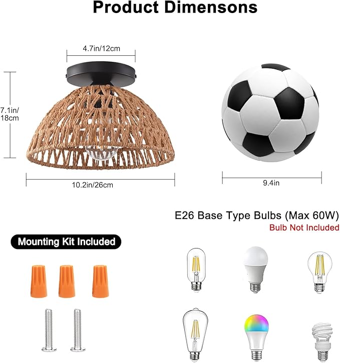 2 Pack 10.2" H Farmhouse Fixtures Ceiling Mount, Brown Rattan Boho Semi Flush Mount Ceiling Light,Hand Woven Hallway Light Fixtures for Bedroom Entryway