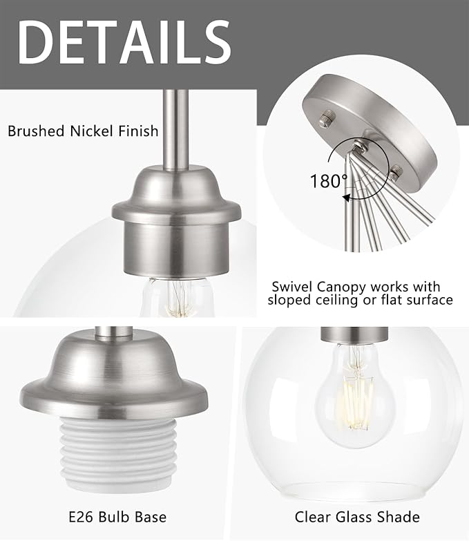 Modern Pendant Light Fixtures 2 Pack, Brushed Nickel Pendant Lights with Clear Glass Shade,Pendant Lights Kitchen Island, Kitchen Pendant Lighting Over Island, Hanging Lights for Kitchen
