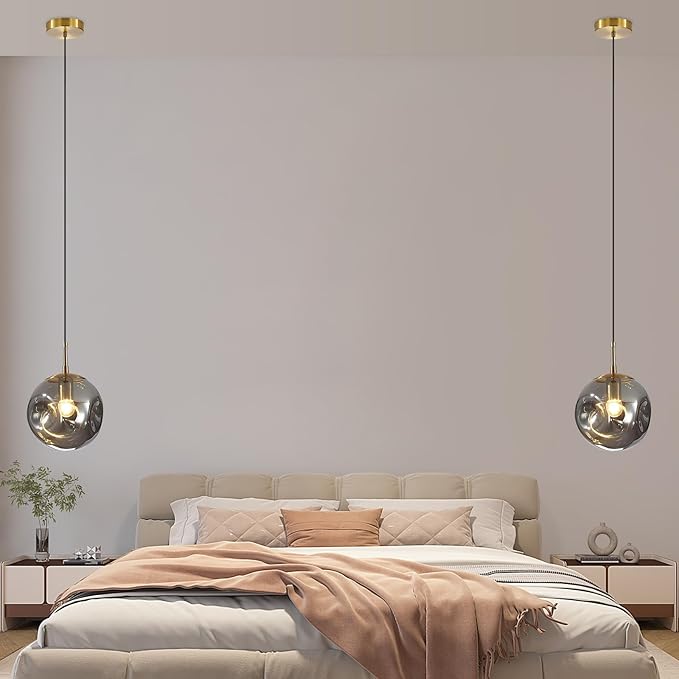 Modern Smoke Gray Concave Glass Pendant Light, 2-Pack Kitchen Island Lighting Single Globe Pendant Light Fixtures Century Kitchen Island Pendant Light for Bedroom Dining Room Light (Without Bulbs)