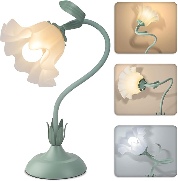 Women Bedside Table Lamps for Bedroom, Cute Flower Desk Lamp With Adjustable Flexible Gooseneck, 3 Color Temperatures Nightstand Lamp with E26 LED Bulbs, Floral Lamp for Living Room, Office ,Reading