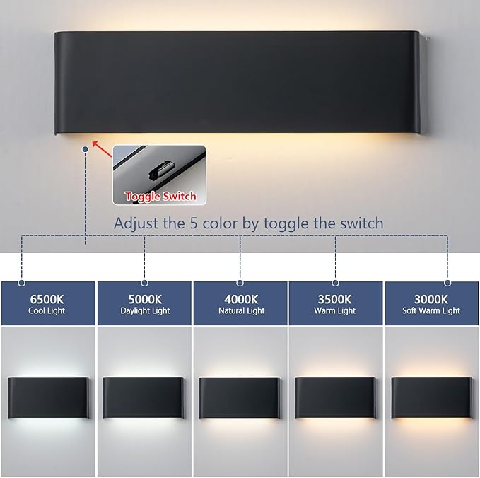 Nigaut 21.6'' LED Wall Sconces 2 Pack, 24W 5CCT Black Bathroom Vanity Lights, 3000K-6500K Hardwired Up and Down Wall Lights for Bedroom Hallway Stairwell
