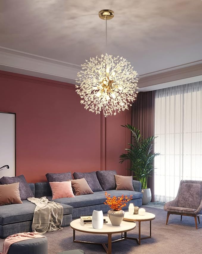 Gold Crystal Chandeliers 12-Light Modern Dandelion Light Fixture,Firework Chandelier,Personalized Ceiling Hanging Lighting for Bedroom,Dining Room,Living Room Chandelier