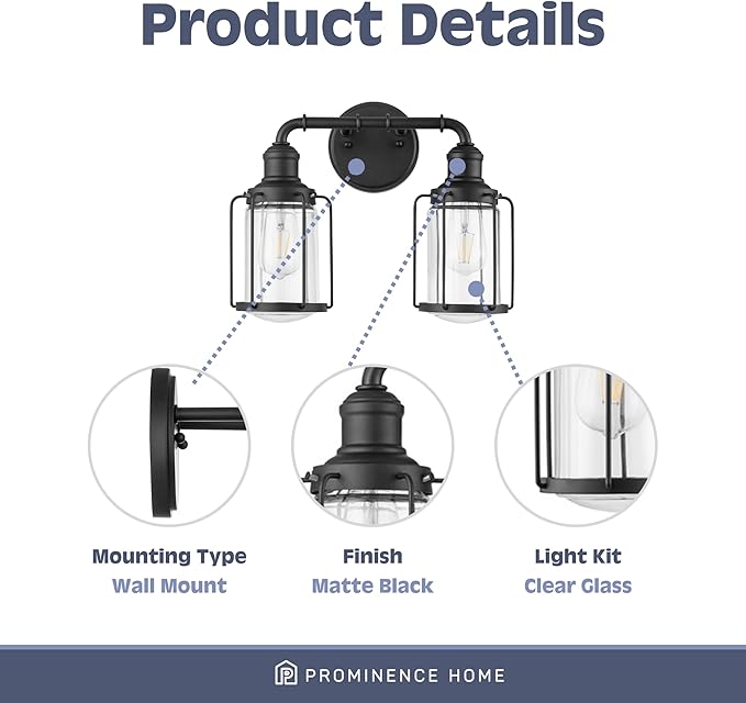 Prominence Home Lincoln Woods 2 Light Matte Black Industrial Bathroom Vanity Light with Cage and Clear Glass - 51544-01