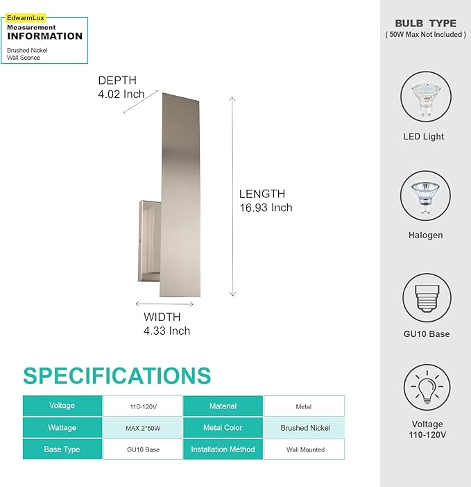 Edwarmlux Indoor Wall Sconces, Modern Wall Lights, Up and Down Wall Mount Light, Dimmable Hardwired Wall Light for Bedroom, Living Room, Hallway, GU10 Bulbs Excluded, 2 Pack (Brushed Nickel)