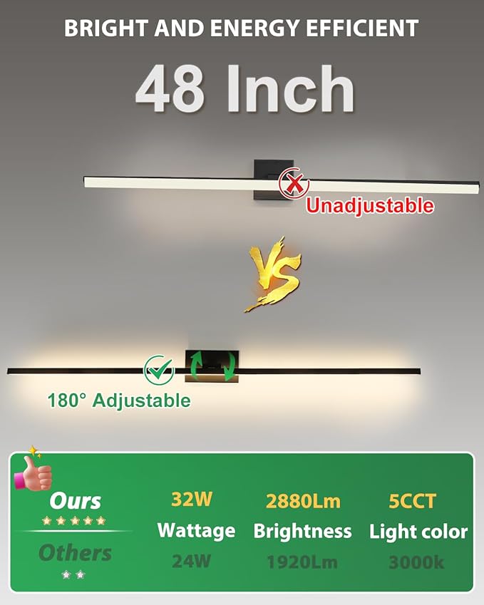 zouzai 2nd Gen Modern LED Bathroom Vanity Light Bar, Dual-Sided Black IP44 Wall Fixture Over Mirror, 5CCT Adjustable (2700K–5000K), 180° Rotatable, Dimmable – Upgraded Design(48 inch)