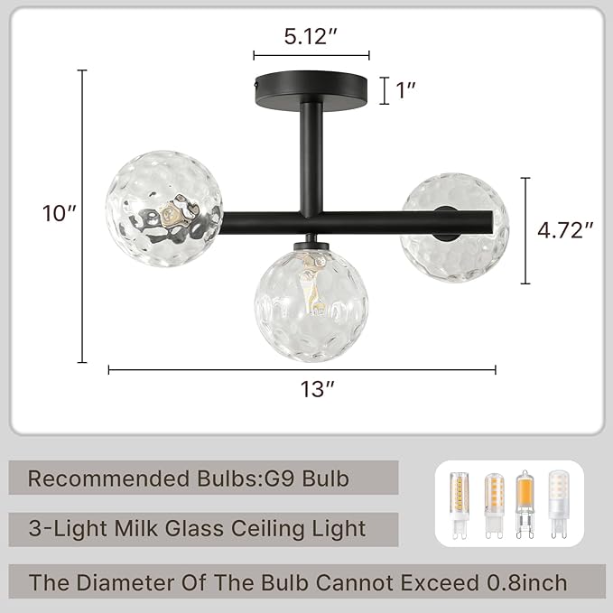 Modern Globe Glass Ceiling Light: 13 Inch Sputnik Semi Flush Mount Light with Hammered Clear Glass Shade - 3 Lights Black Ceiling Lighting Fixture - Dimmable Linear Chandelier for Bedroom Living Room