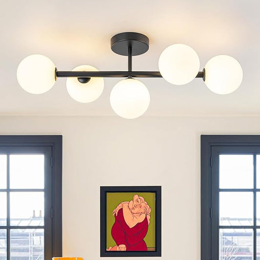 EDISLIVE 5-Light Semi Flush Mount Glass Ceiling Light Frosted Globe, 26.4 in Modern Sputnik Light Fixture Chandeliers with Milk Glass Shade Black Finished