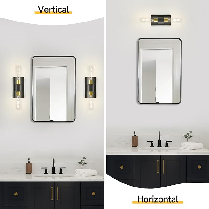 19" Black and Gold Wall Sconces Set of Two,Modern Bathroom Light Fixtures,2-Light Vanity Lights for Mirror,Indoor Wall Lamp Wall Mount Hardwired Light for Bedroom with Clear Glass E26 Base