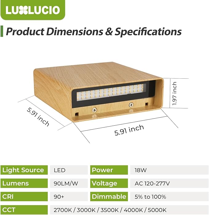 Natural Wood Grain Indoor Outdoor Up and Down Wall Sconce, 5%-100% Dimmable 18W, 5CCT (2700K-5000K), Modern Lighting for Living Room/Porch, CRI90+, 120V-277V, ETL FCC Certified