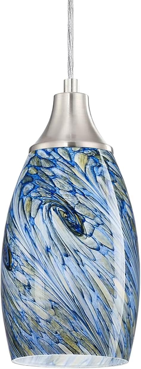 karyfine Mini Pendant Lights Kitchen Island White Blue Glass Lamp Shade Hand Blown Glass Pendant Light with Brush Nickel Finish Adjustable Cord for Kitchen Over Sink Hallway,Dining Room,Stairs Way