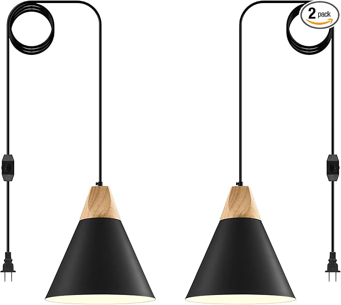 Black Plug in Pendant Light 11.8ines, 14.7ft, 2 Packs -Farmhouse Pendant Light, Industrial Kitchen Pendant Lights, Hanging Pendant with Plug in Cord for Kitchen Island, Office, Desk, Bedroom