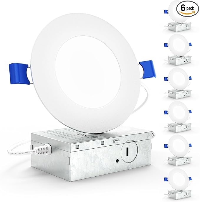 Sunco 6 Pack 4 Inch LED Recessed Lights, Slim Canless Ceiling Lighting, 650 LM, 10W (60W Equivalent), 2700K Soft White, Dimmable, Wafer Thin, Ultra Thin with Junction Box ETL.