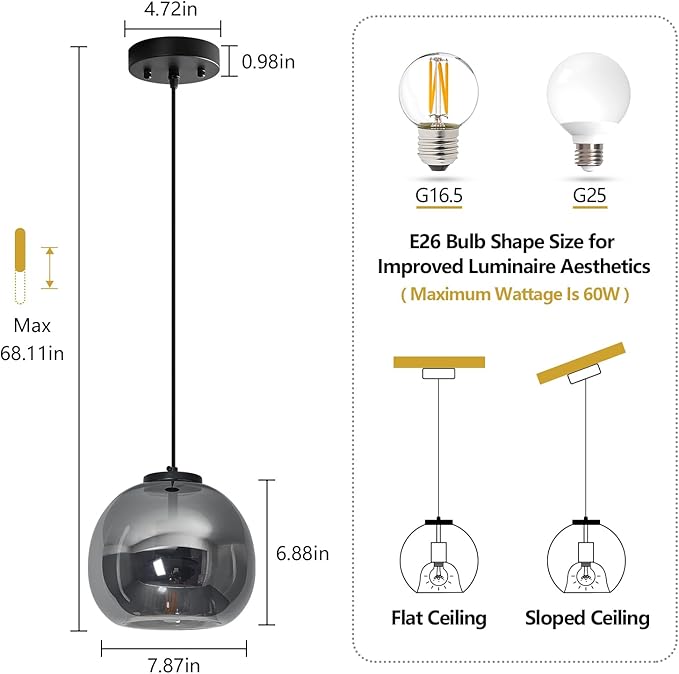 Mirror Smoke Gray Glass Pendant Lights Kitchen Island 3 Pack 7.87" Glass Globe Pendant Light Black Hanging Light Fixture Modern Pendant Lighting for Kitchen Island Bedroom Dining Room