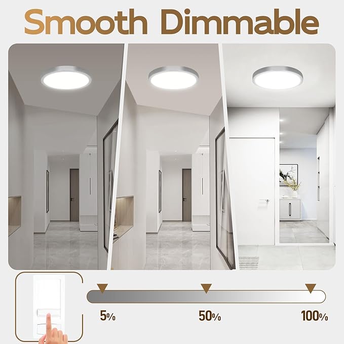Hlite Dimmable 4pack 12 inch Flush Mount LED Ceiling Light Fixture,24W 2600LM Super Slim 3000K/4000K/5000K 3CCT Selectable,Dimmable Flush Mount Ceiling Light for Kitchen,Bedroom (Brushed Nickel)