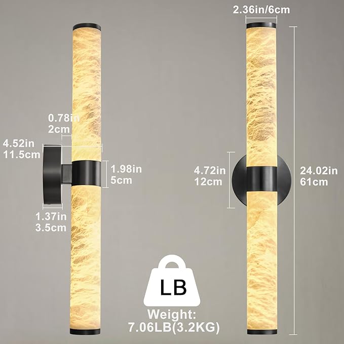 Alabaster Wall Sconces, 24" Black Wall Sconce, Cylinder Natural Spanish Marble Sconces Wall Lighting, Modern Dimmable Wall Lights for Living Room Bedroom Bathroom Hallway Stairs