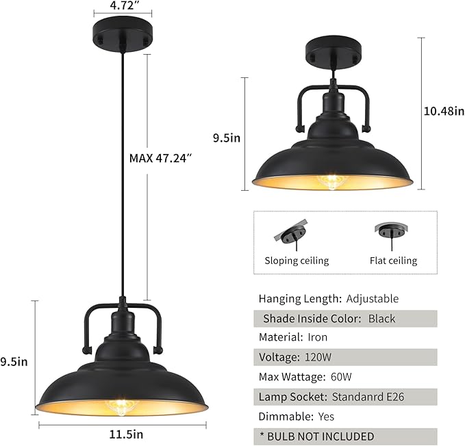 Black and Gold Pendant Light 12.5 inches 3 Packs, Farmhouse Pendant Light, Island Pendant Lights, Kitchen Island Pendant Lights, Pendant Lights Kitchen Island for Bedroom, Kitchen, Island