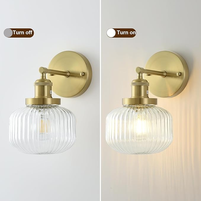 Vintage Wall Sconces with Clear Pumpkin Glass Lampshade, Indoor Bathroom Wall Sconce, Modern Gold Industrial Lighting Fixture for Mirror Living Room Hallway 2 Pack
