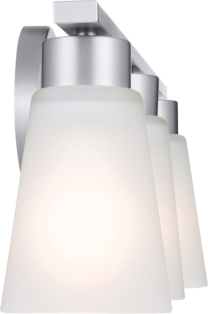 Kichler Stamos 3-Light Bathroom Vanity Light Fixture with Satin Etched Glass Shades, 22 in Modern Wall Mount Light in Brushed Nickel for over Mirror (22 in x 5 in x 8 in), 55121NI