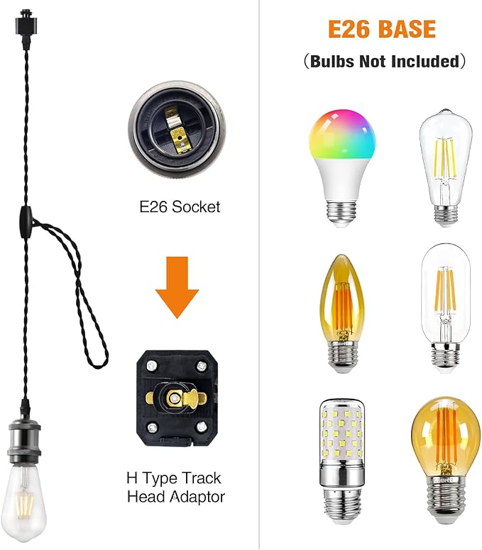 H Track Pendant Lights with Adjustable Cord, H Type Track Lighting Pendants Lights Fixtures with E26 Socket, Retro Vintage Style, Max Length 39.37 inch, Black 6 Pack(Bulbs Not Included)