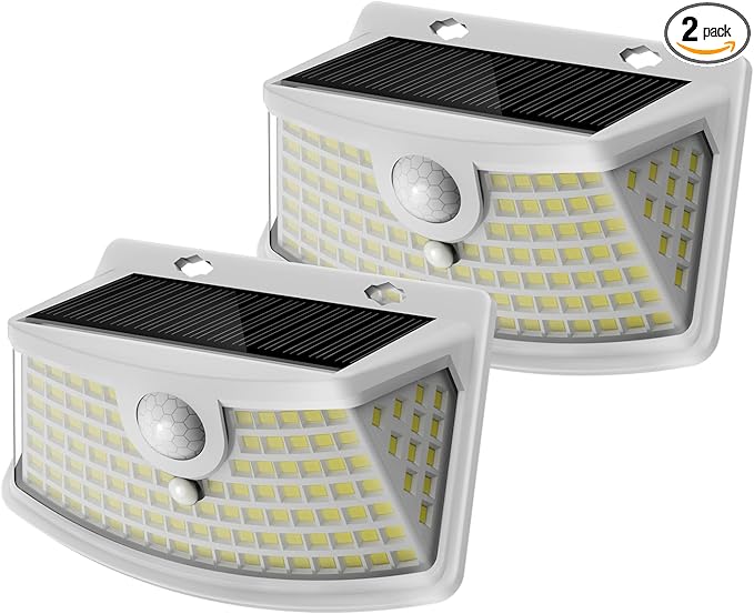 Aootek New Solar Motion Sensor Lights 120 LEDs with Lights Reflector,270° Wide Angle, IP65 Waterproof, Step Lights for Front Door, Yard, Garage, Deck (White, Daylight White, 2-Pack)