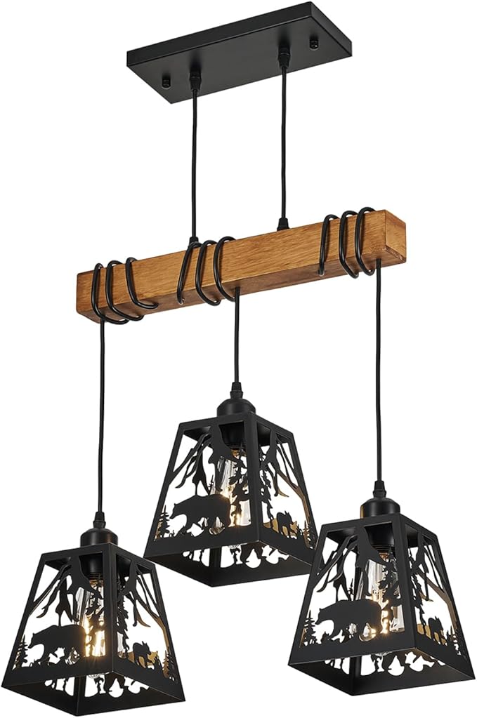 3-Lights Farmhouse Dining Room Pendant Light Fixtures, Rustic Solid Wood Kitchen Island Lighting Hanging with Bear Metal Shades for Restaurant, Kitchen Island, Hallway