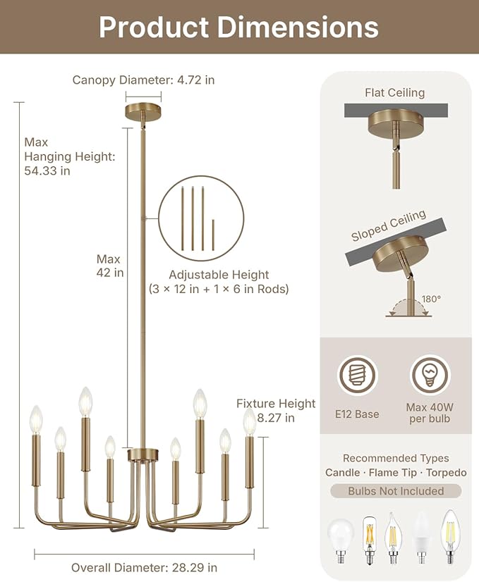Yunnix 8 Light Champagne Bronze Chandelier - Modern Gold Chandelier Dining Room Light Fixture - 28" Vintage Chandelier for Bedroom Kitchen Island Lighting, Foyer and Living Room