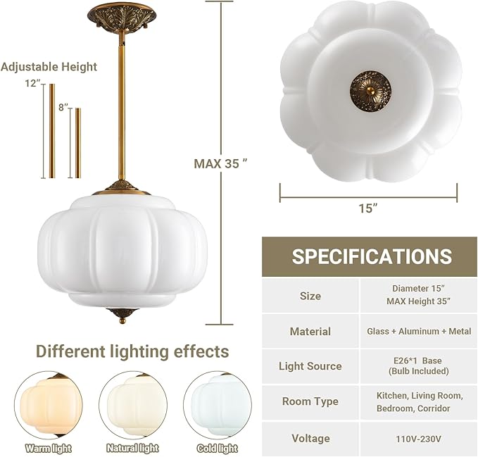 LOUSACE 15 in White Milk Glass Ceiling Light Fixture, Semi Flush Mount Vintage Milk Glass Pendant Light for Kitchen Island Hallway Bedroom Dining Room, LED Bulb Included