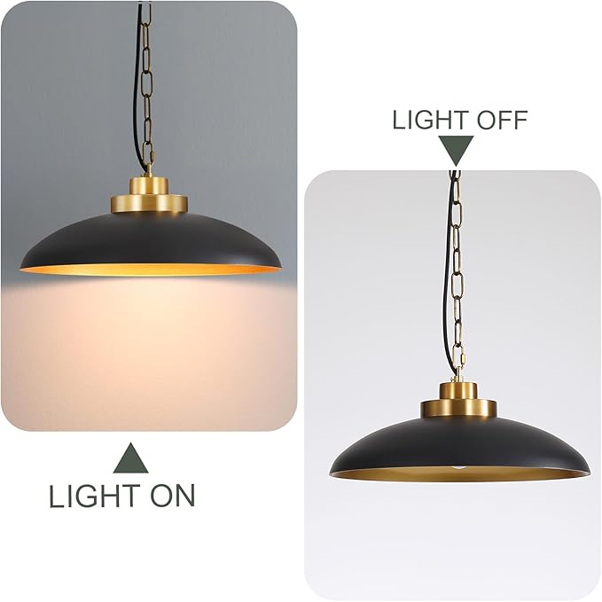 15.8 Inch Large Black and Gold Pendant Light, Industrial Pendant Lighting Fixtures, Vintage Dome Ceiling Hanging Lamp for Kitchen Island Dining Room