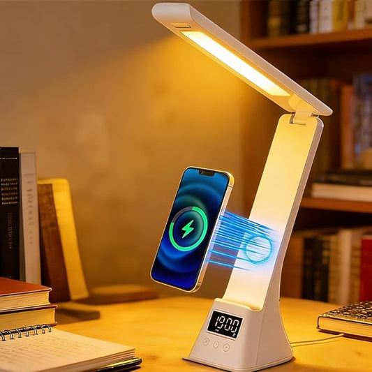 IHAO 3in1 Foldable Eye-Care Desk Lamp with 15W Wireless Charger & Digital Clock Touch Control, 3 Color Temperatures, Alarm, 180° Foldable, Phone Stand, Modern LED Table Lamp TYV-2088 White