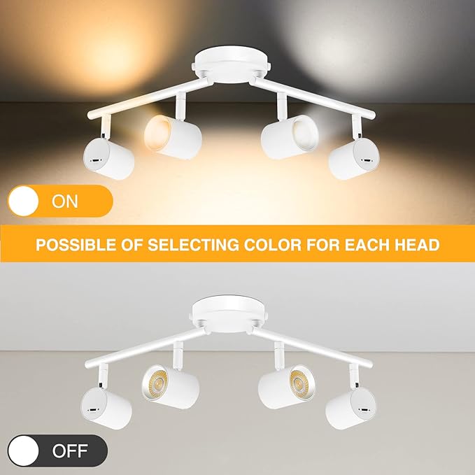 VANoopee 5-Color 4 Light LED Track Lighting Fixtures Ceiling for Kitchen, Dimmable Track Lighting Kit, Ceiling Spotlight Flush Mount Adjustable Directional Spot Lights Indoor, White CRI90 2400lm 30W